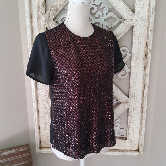 Nanette Lepore Short Sleeve Semi Sheer Sequin Top Blouse in Black & Rose Pink - Picture 1 of 7